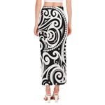 Black And White Polynesian Tattoo Print Side Slit Maxi Skirt