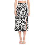 Black And White Polynesian Tattoo Print Side Slit Midi Skirt