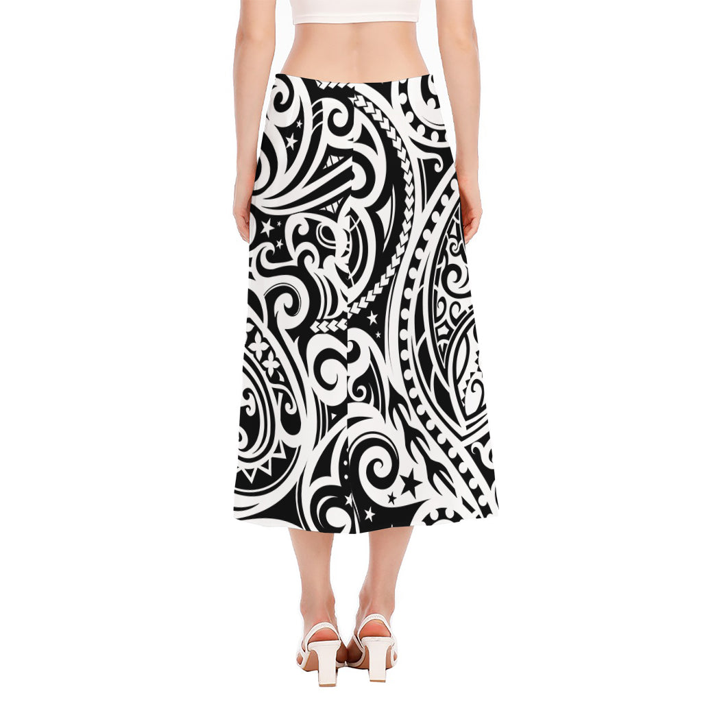 Black And White Polynesian Tattoo Print Side Slit Midi Skirt
