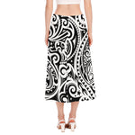 Black And White Polynesian Tattoo Print Side Slit Midi Skirt