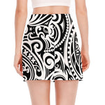 Black And White Polynesian Tattoo Print Side Slit Mini Skirt