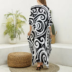 Black And White Polynesian Tattoo Print Silk V-Neck Kaftan Dress