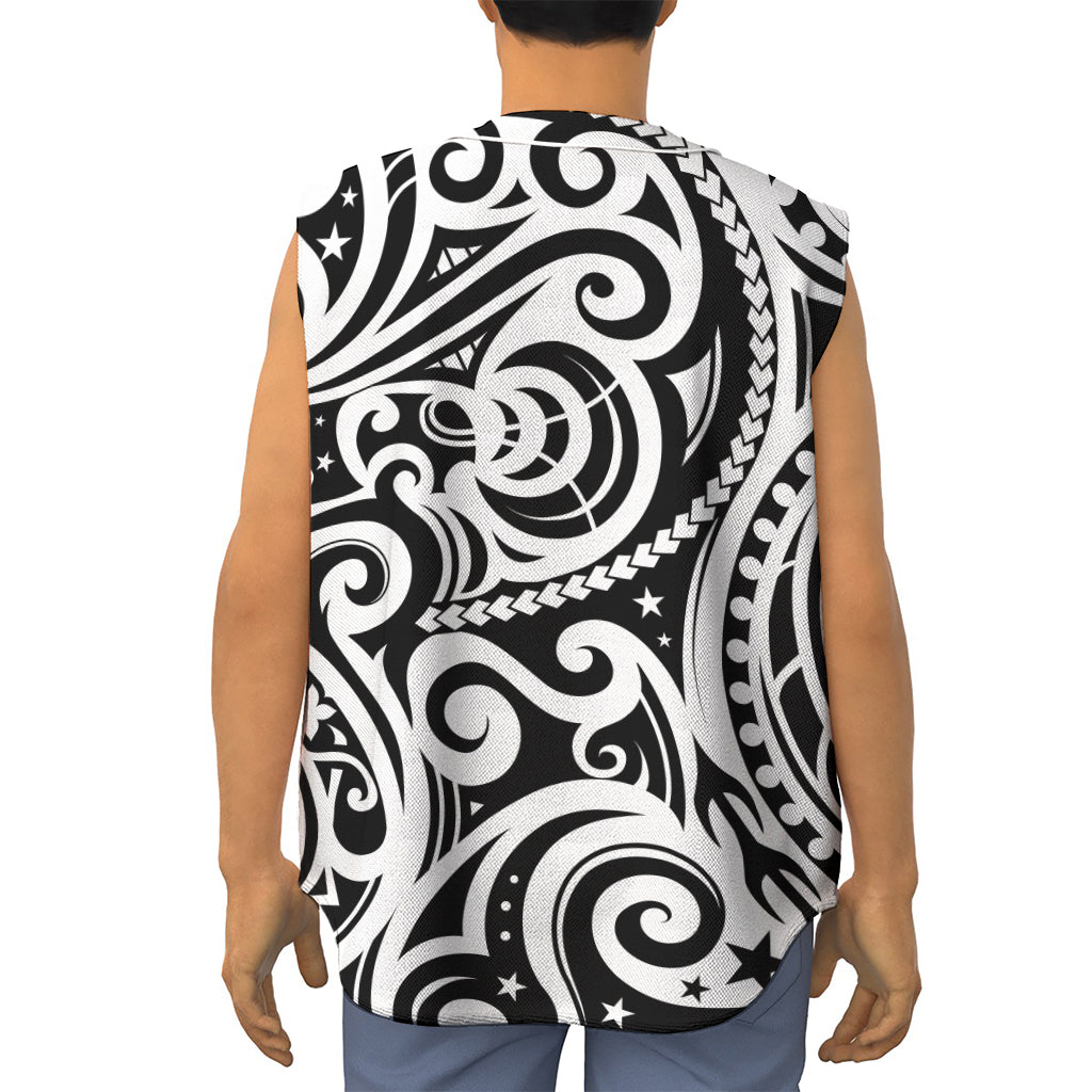 Black And White Polynesian Tattoo Print Sleeveless Baseball Jersey