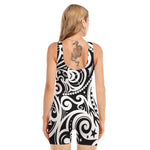 Black And White Polynesian Tattoo Print Sleeveless One Piece Swimsuit