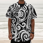 Black And White Polynesian Tattoo Print Textured Short Sleeve Shirt