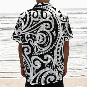 Black And White Polynesian Tattoo Print Textured Short Sleeve Shirt