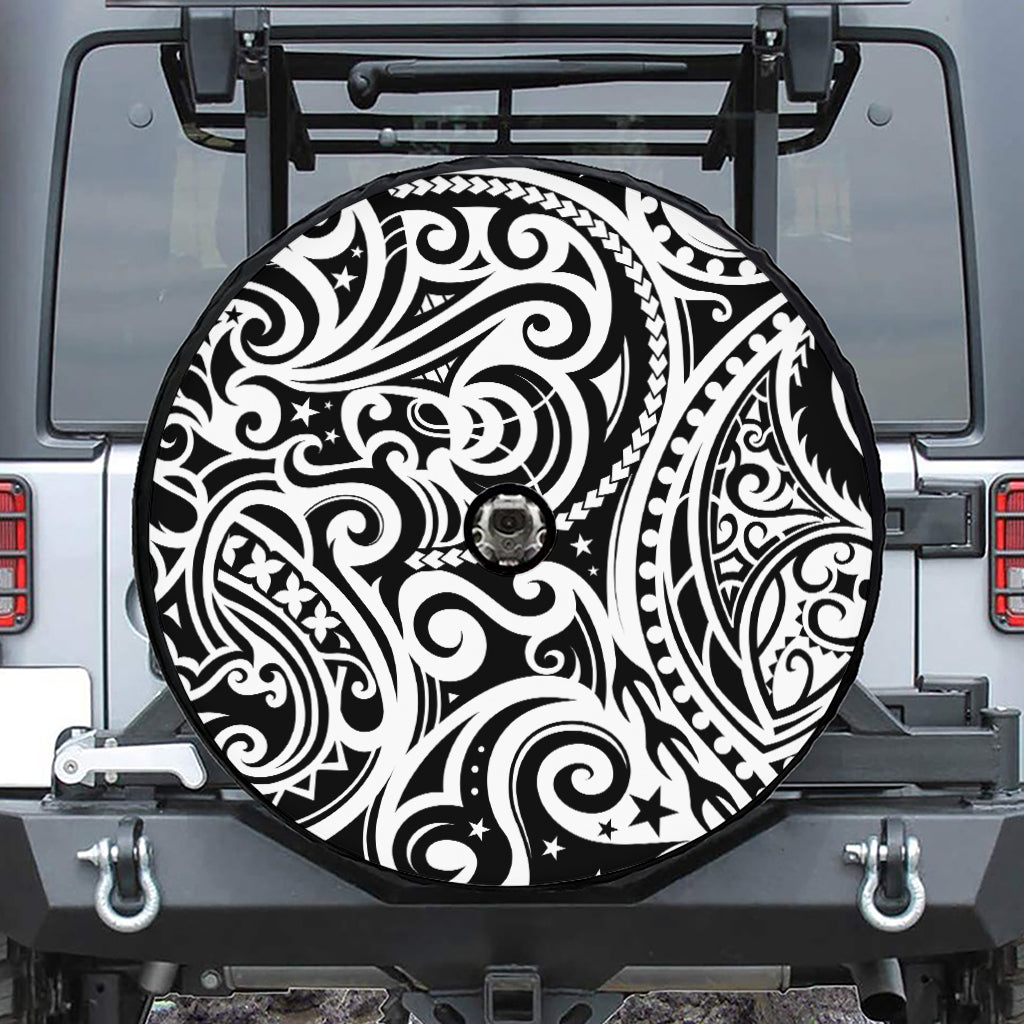 Black And White Polynesian Tattoo Print Tire Cover With Camera Hole