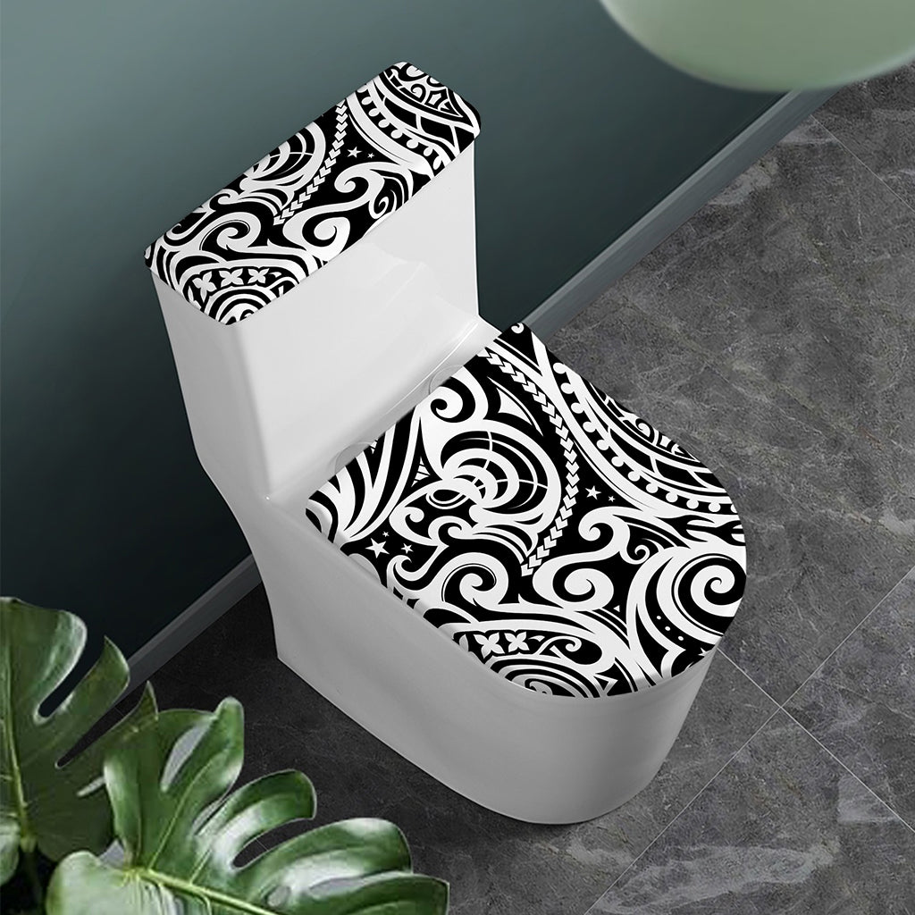 Black And White Polynesian Tattoo Print Toilet Lid And Tank Cover Set