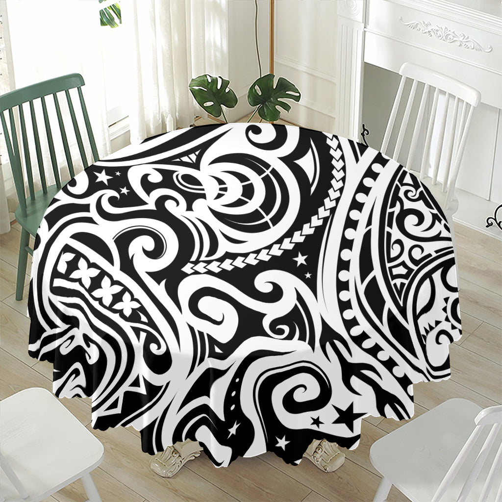 Black And White Polynesian Tattoo Print Waterproof Round Tablecloth