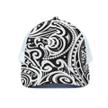 Black And White Polynesian Tattoo Print White Mesh Trucker Hat