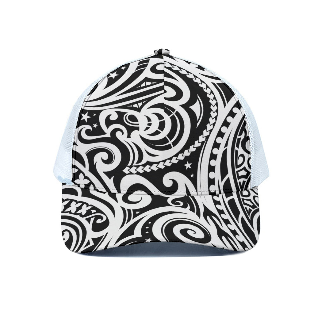 Black And White Polynesian Tattoo Print White Mesh Trucker Cap