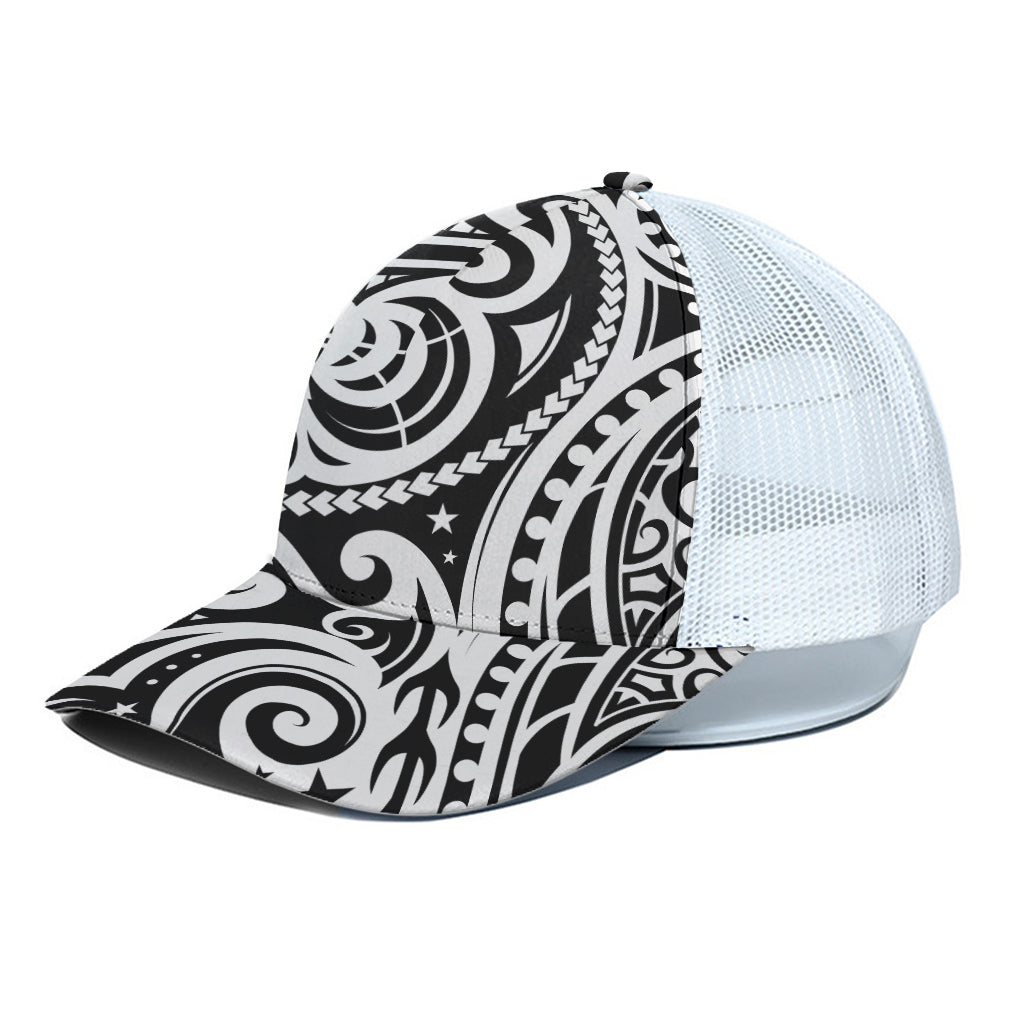 Black And White Polynesian Tattoo Print White Mesh Trucker Cap