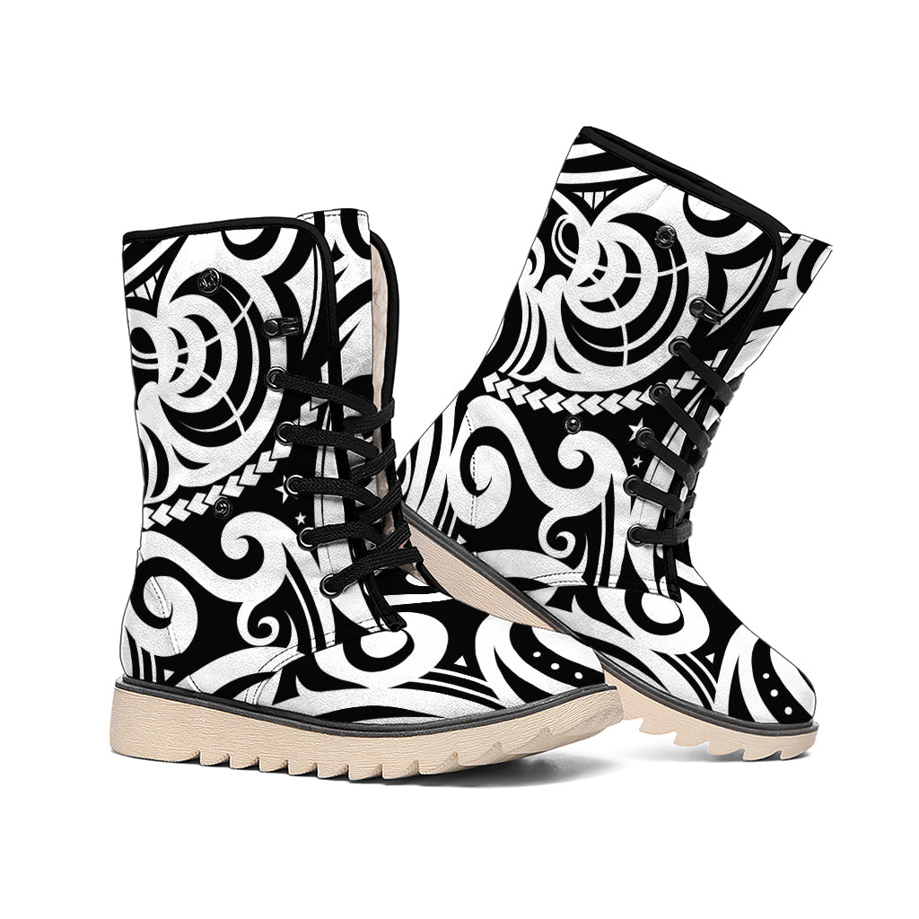 Black And White Polynesian Tattoo Print Winter Boots