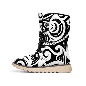 Black And White Polynesian Tattoo Print Winter Boots