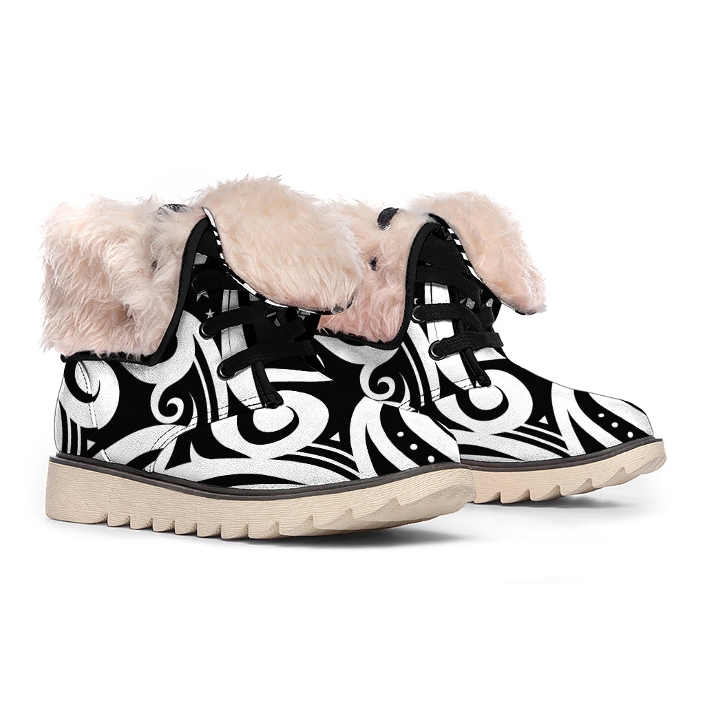 Black And White Polynesian Tattoo Print Winter Boots