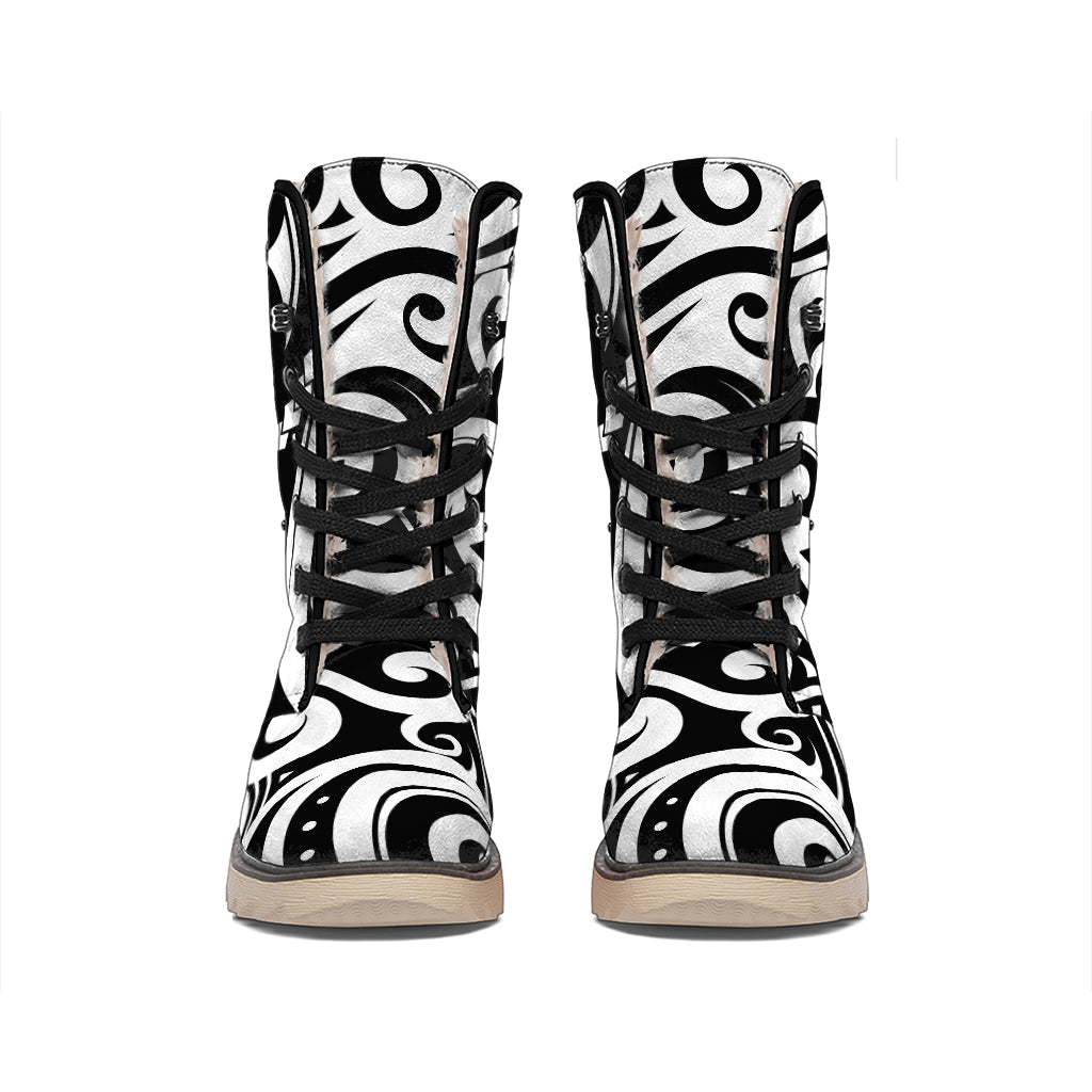 Black And White Polynesian Tattoo Print Winter Boots