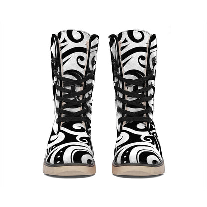 Black And White Polynesian Tattoo Print Winter Boots