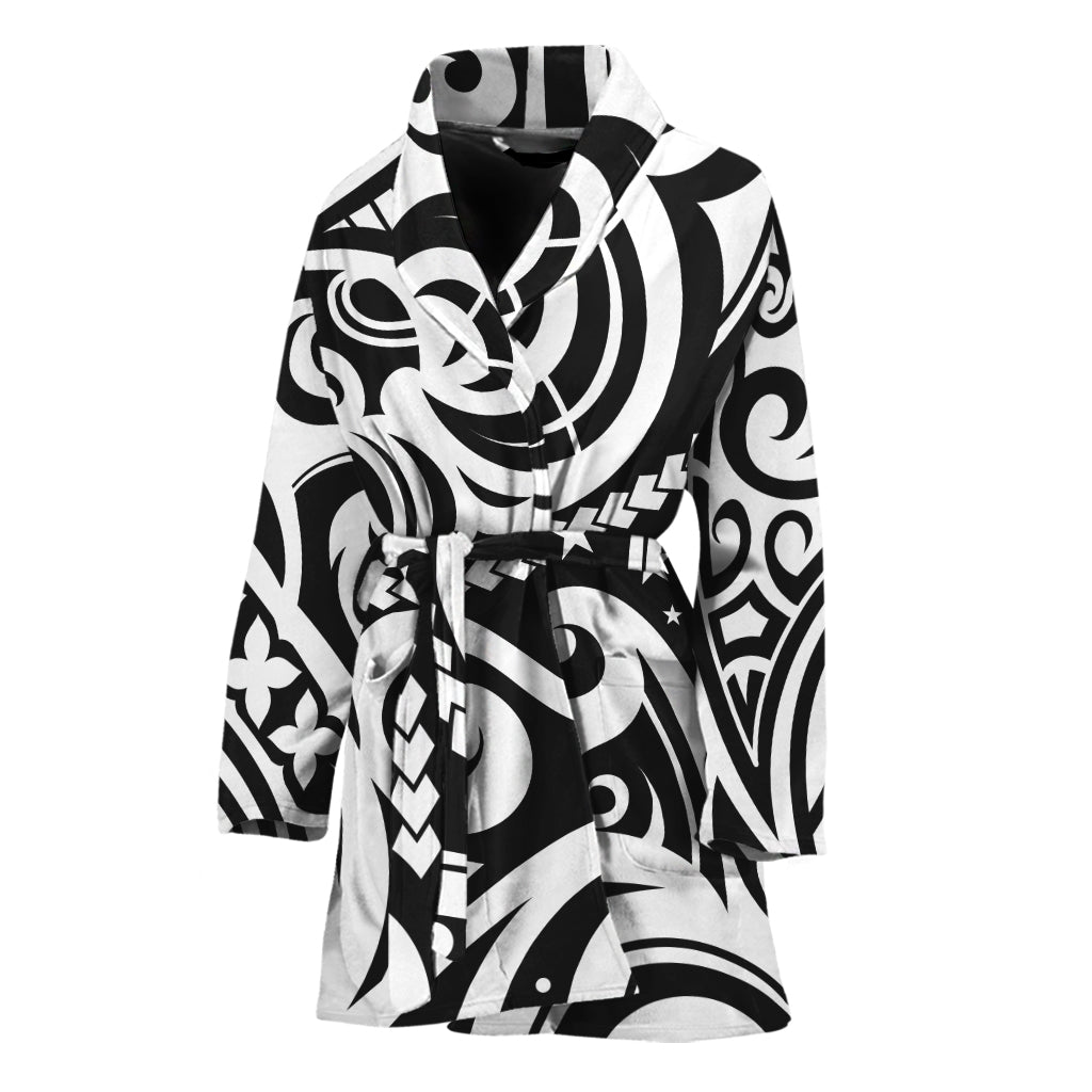 Black And White Polynesian Tattoo Print Women's Bathrobe