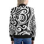 Black And White Polynesian Tattoo Print Women's Bomber Jacket