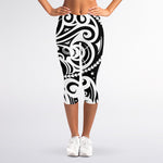 Black And White Polynesian Tattoo Print Women's Capri Leggings