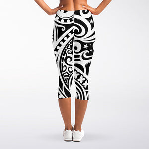 Black And White Polynesian Tattoo Print Women's Capri Leggings