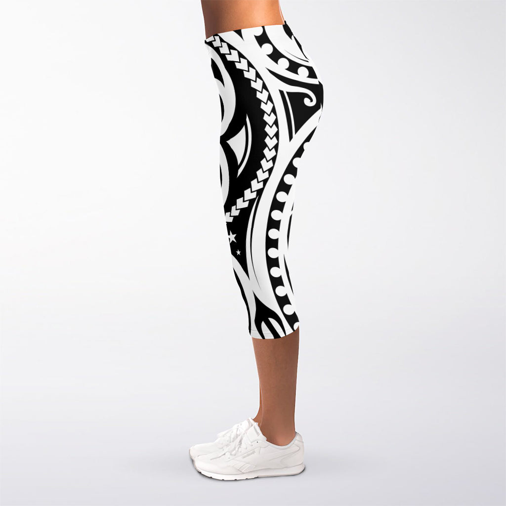 Black And White Polynesian Tattoo Print Women's Capri Leggings