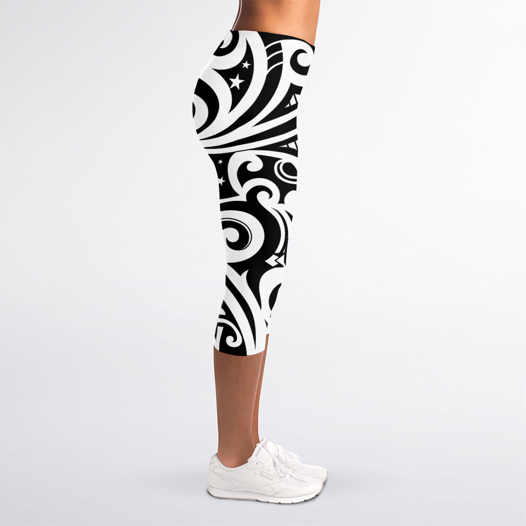 Black And White Polynesian Tattoo Print Women's Capri Leggings