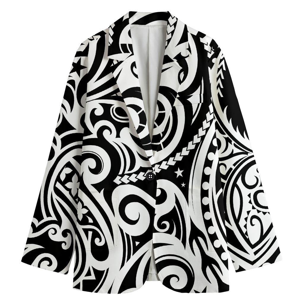 Black And White Polynesian Tattoo Print Women's Cotton Blazer