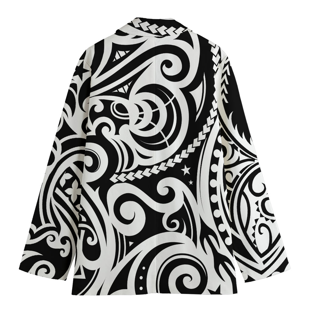 Black And White Polynesian Tattoo Print Women's Cotton Blazer