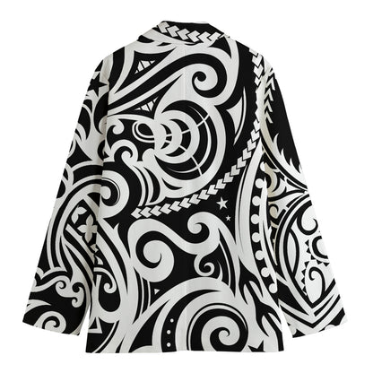 Black And White Polynesian Tattoo Print Women's Cotton Blazer