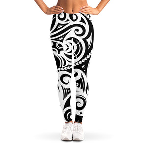 Black And White Polynesian Tattoo Print Women's Leggings