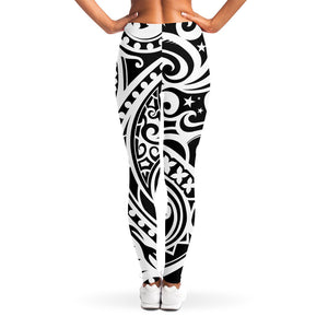 Black And White Polynesian Tattoo Print Women's Leggings