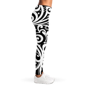 Black And White Polynesian Tattoo Print Women's Leggings