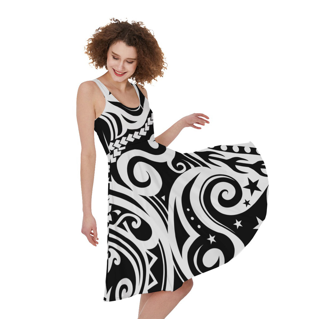 Black And White Polynesian Tattoo Print Women's Sleeveless Dress