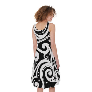 Black And White Polynesian Tattoo Print Women's Sleeveless Dress