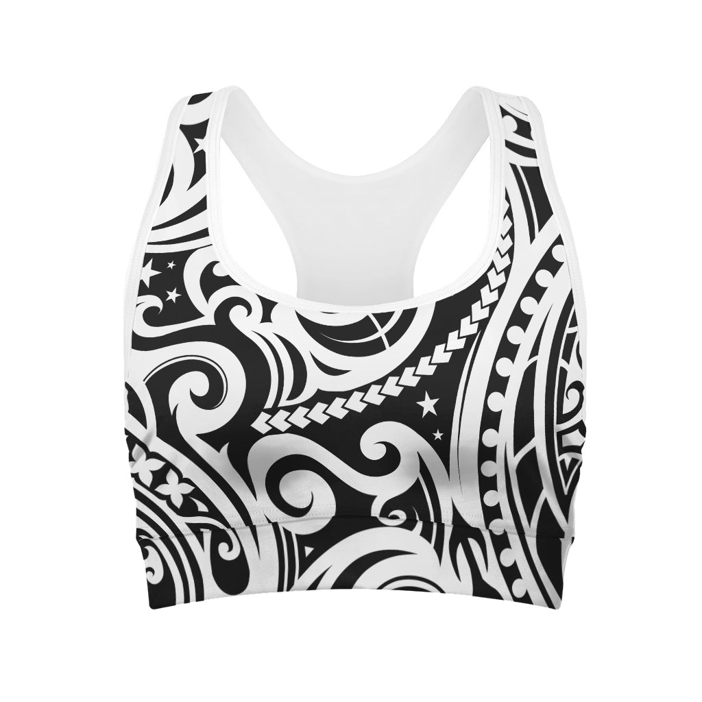 Black And White Polynesian Tattoo Print Women's Sports Bra