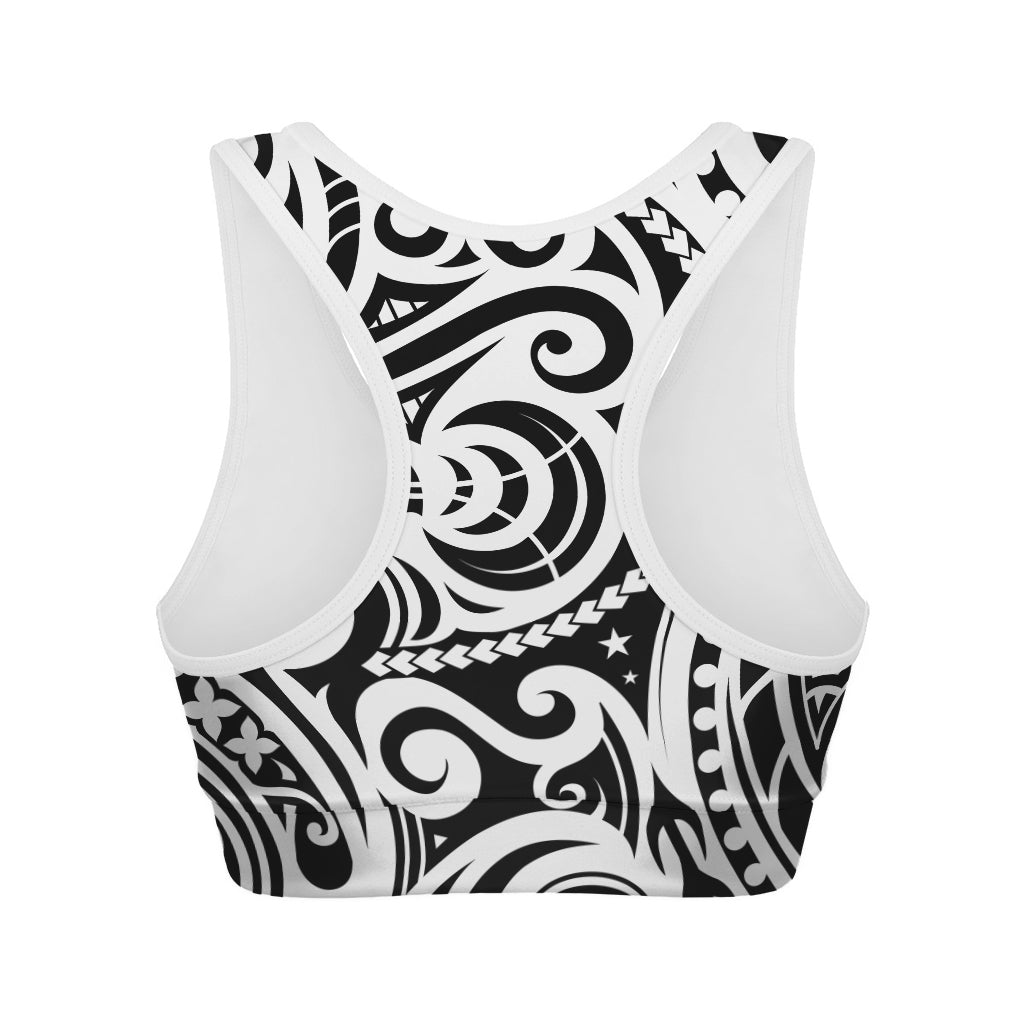 Black And White Polynesian Tattoo Print Women's Sports Bra