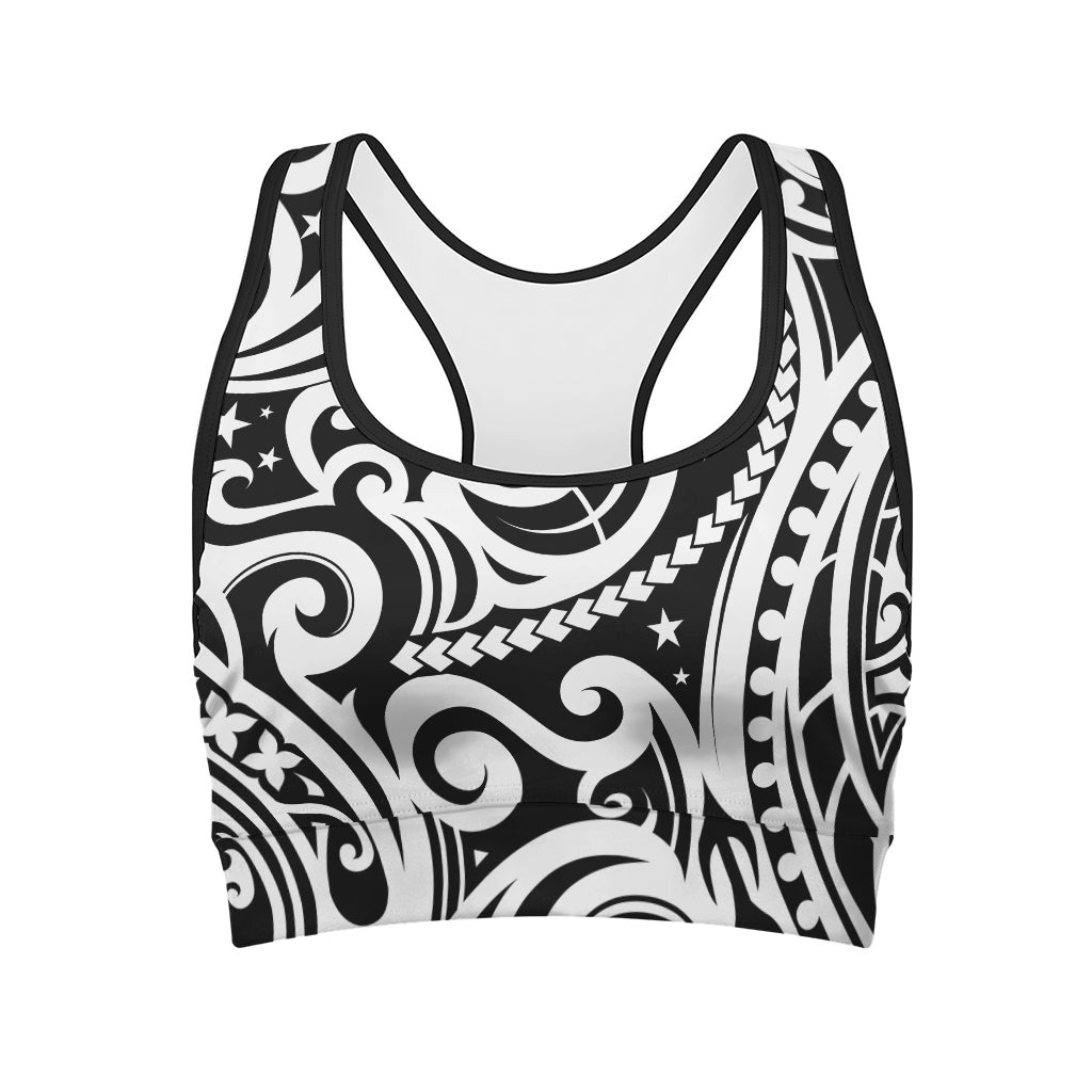 Black And White Polynesian Tattoo Print Women's Sports Bra