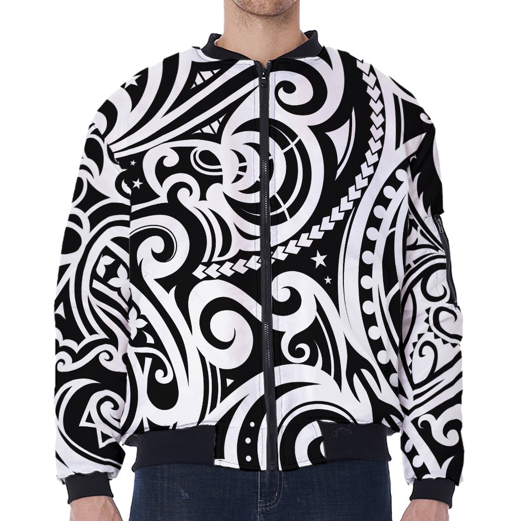 Black And White Polynesian Tattoo Print Zip Sleeve Bomber Jacket