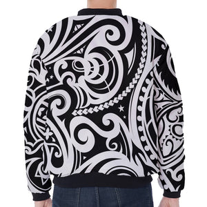 Black And White Polynesian Tattoo Print Zip Sleeve Bomber Jacket