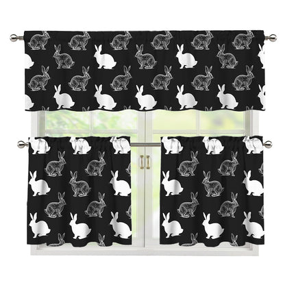 Black And White Rabbit Pattern Print 3 Piece Kitchen Curtains