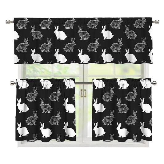 Black And White Rabbit Pattern Print 3 Piece Kitchen Curtains