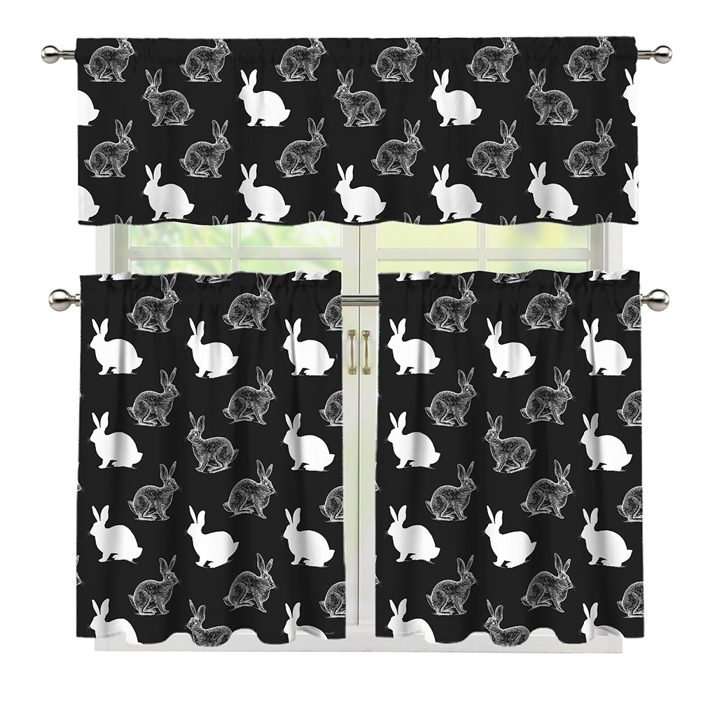 Black And White Rabbit Pattern Print 3 Piece Kitchen Curtains