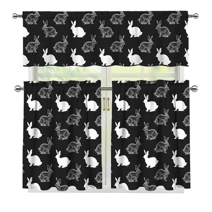 Black And White Rabbit Pattern Print 3 Piece Kitchen Curtains
