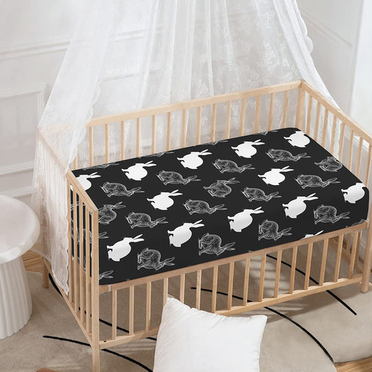 Black And White Rabbit Pattern Print Baby Crib Sheet