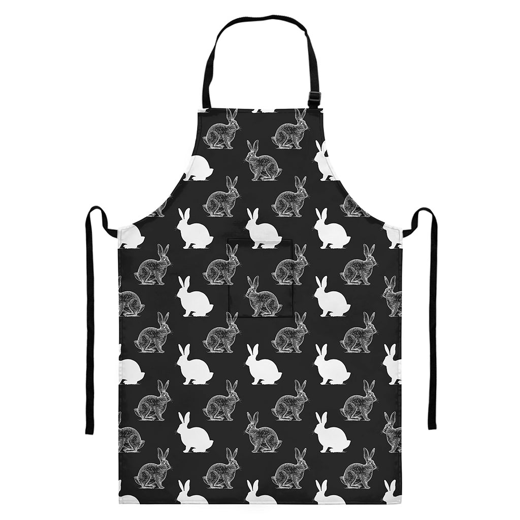 Black And White Rabbit Pattern Print Bib Apron With Pocket