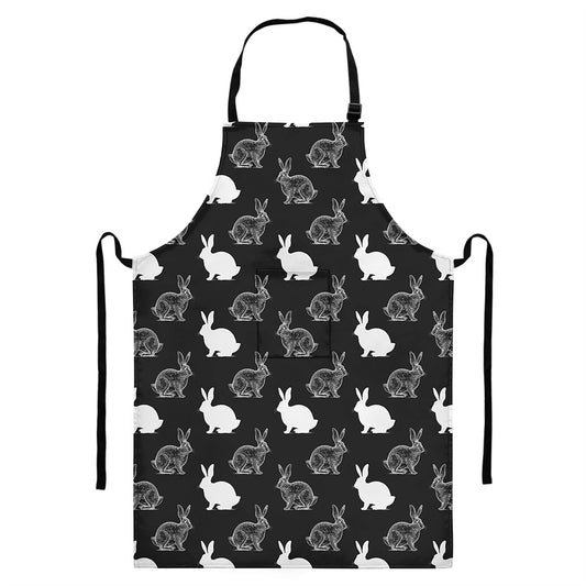 Black And White Rabbit Pattern Print Bib Apron With Pocket