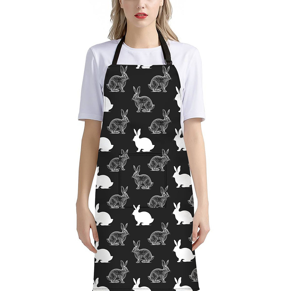 Black And White Rabbit Pattern Print Bib Apron With Pocket