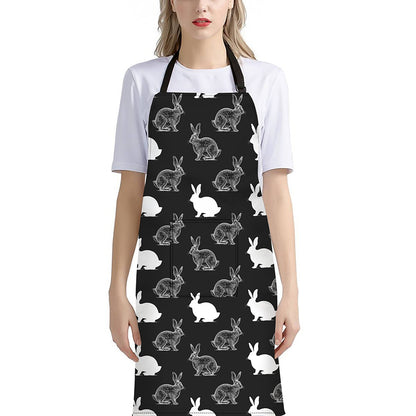Black And White Rabbit Pattern Print Bib Apron With Pocket