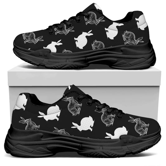 Black And White Rabbit Pattern Print Black Chunky Shoes